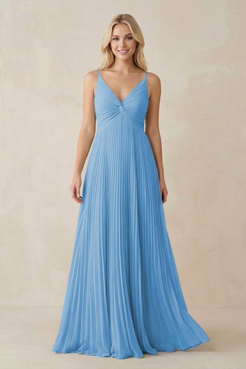 Pleated V - Neck A - Line Chiffon Bridesmaid Dress in Steel Blue - SHE IS ME Bridesmaid Dresses