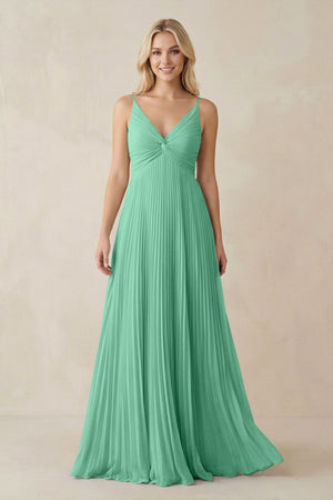 Pleated V - Neck A - Line Chiffon Bridesmaid Dress in Turquoise - SHE IS ME Bridesmaid Dresses