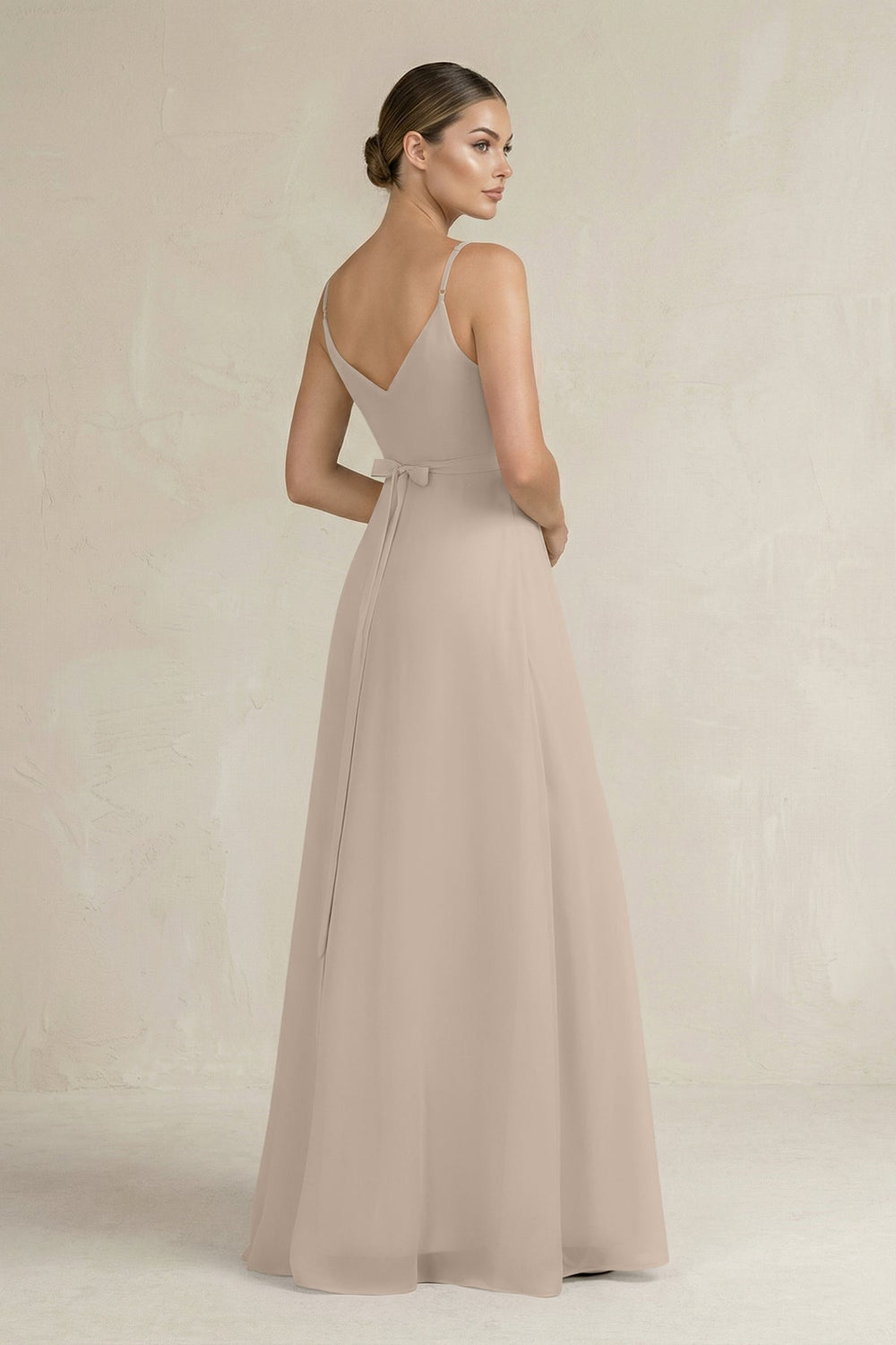 Ruched A - Line Chiffon Bridesmaid Dress with Slit in Almond - SHE IS ME Bridesmaid Dresses