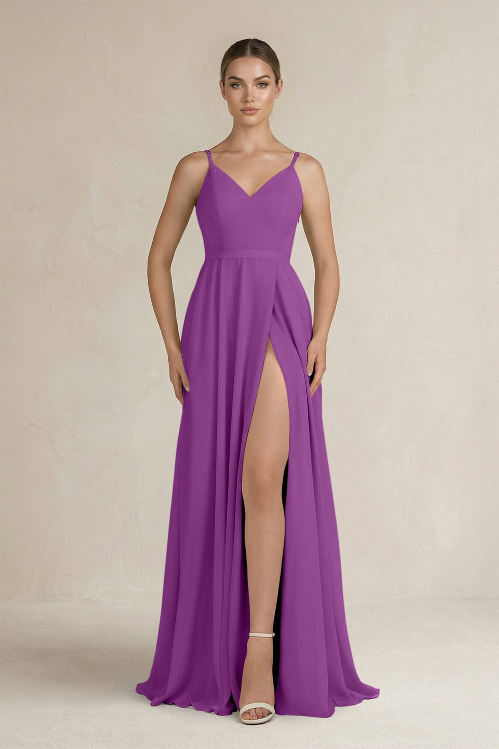 Ruched A - Line Chiffon Bridesmaid Dress with Slit in Amethyst - SHE IS ME Bridesmaid Dresses