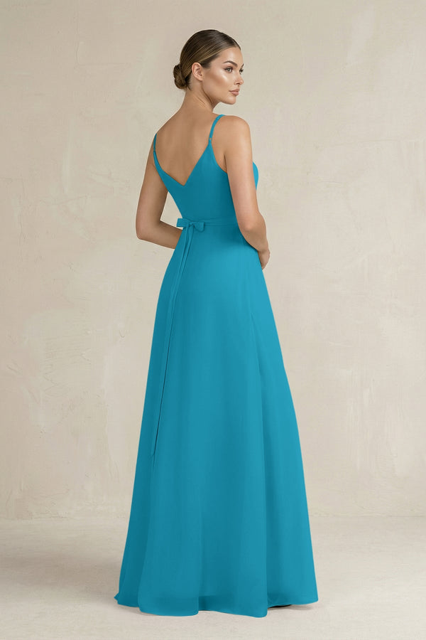 Ruched A - Line Chiffon Bridesmaid Dress with Slit in Blue Jay - SHE IS ME Bridesmaid Dresses