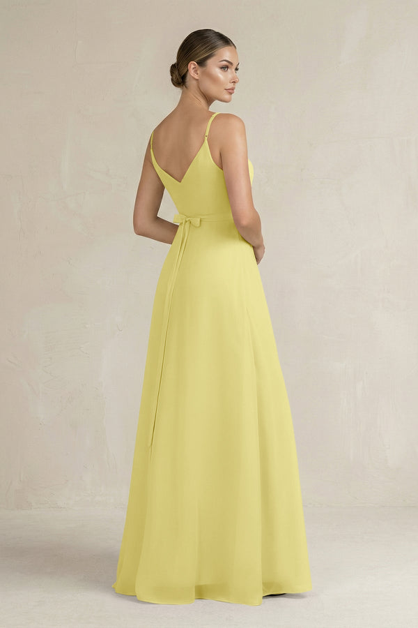 Ruched A - Line Chiffon Bridesmaid Dress with Slit in Buttercup - SHE IS ME Bridesmaid Dresses