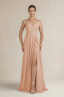 Ruched A - Line Chiffon Bridesmaid Dress with Slit in Champagne Rose - SHE IS ME Bridesmaid Dresses