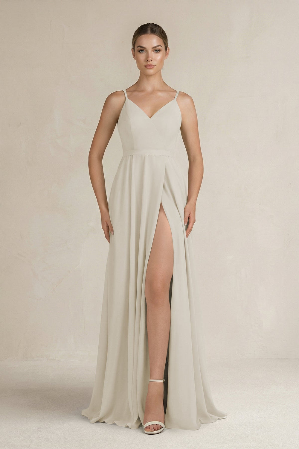 Ruched A - Line Chiffon Bridesmaid Dress with Slit in Dove Gray - SHE IS ME Bridesmaid Dresses