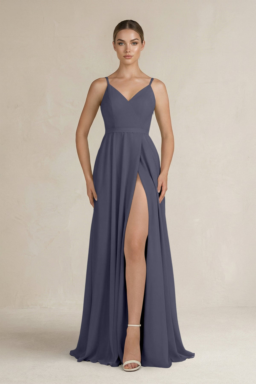 Ruched A - Line Chiffon Bridesmaid Dress with Slit in Dusk Blue - SHE IS ME Bridesmaid Dresses
