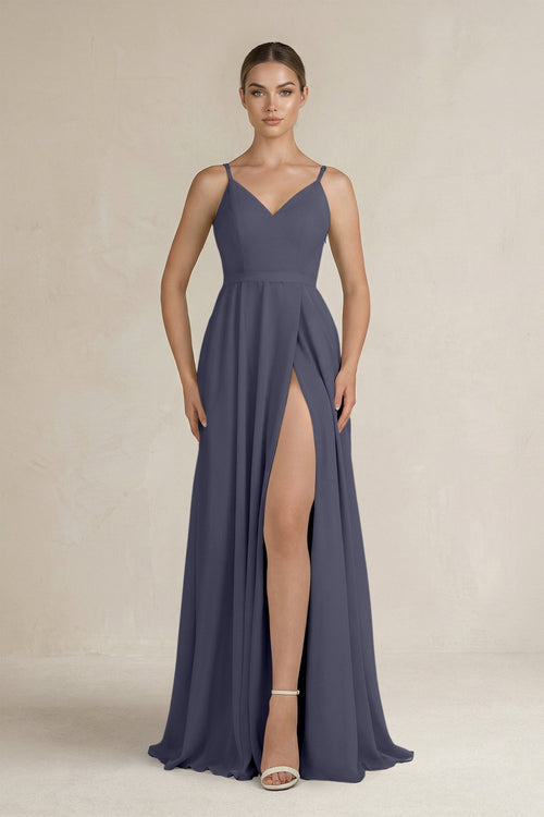 Ruched A - Line Chiffon Bridesmaid Dress with Slit in Dusk Blue - SHE IS ME Bridesmaid Dresses