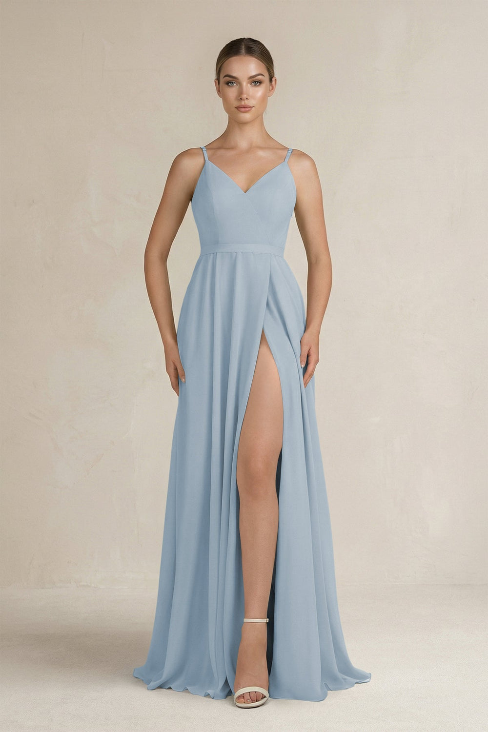 Ruched A - Line Chiffon Bridesmaid Dress with Slit in Dusty Blue - SHE IS ME Bridesmaid Dresses
