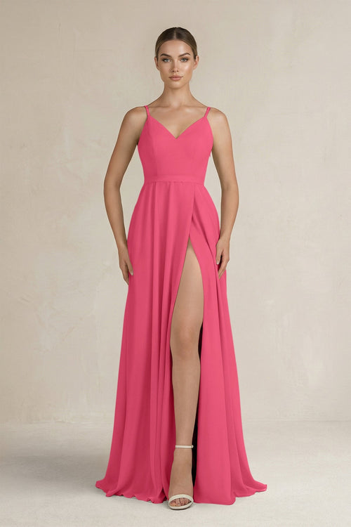 Ruched A - Line Chiffon Bridesmaid Dress with Slit in Fuchsia - SHE IS ME Bridesmaid Dresses