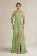 Ruched A - Line Chiffon Bridesmaid Dress with Slit in Matcha - SHE IS ME Bridesmaid Dresses