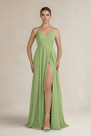 Ruched A - Line Chiffon Bridesmaid Dress with Slit in Matcha - SHE IS ME Bridesmaid Dresses