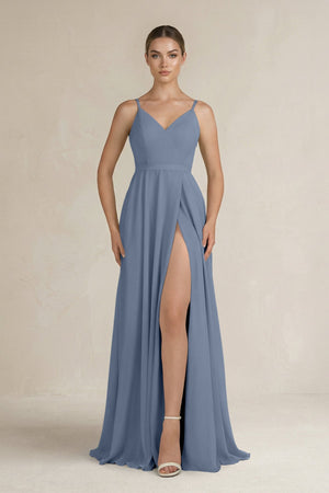 Ruched A - Line Chiffon Bridesmaid Dress with Slit in Neptune - SHE IS ME Bridesmaid Dresses