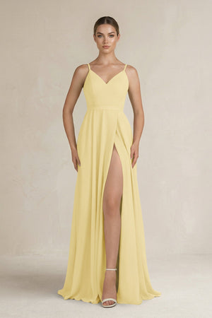 Ruched A - Line Chiffon Bridesmaid Dress with Slit in Pastel Yellow - SHE IS ME Bridesmaid Dresses