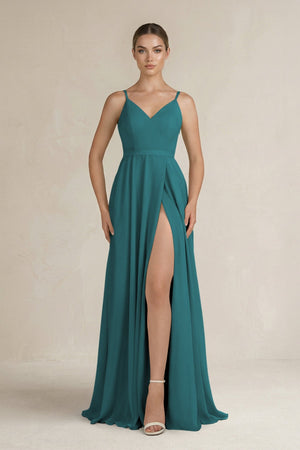 Ruched A - Line Chiffon Bridesmaid Dress with Slit in Pine - SHE IS ME Bridesmaid Dresses
