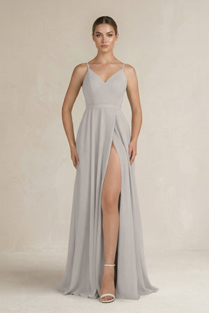 Ruched A - Line Chiffon Bridesmaid Dress with Slit in Silver - SHE IS ME Bridesmaid Dresses