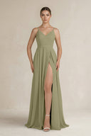 Ruched A - Line Chiffon Bridesmaid Dress with Slit in Thyme - SHE IS ME Bridesmaid Dresses