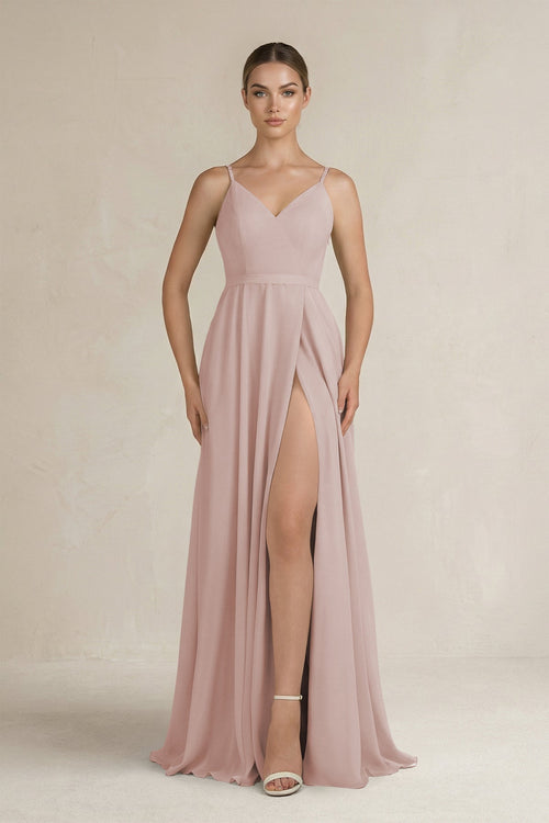 Ruched A - Line Chiffon Bridesmaid Dress with Slit in Toffee - SHE IS ME Bridesmaid Dresses