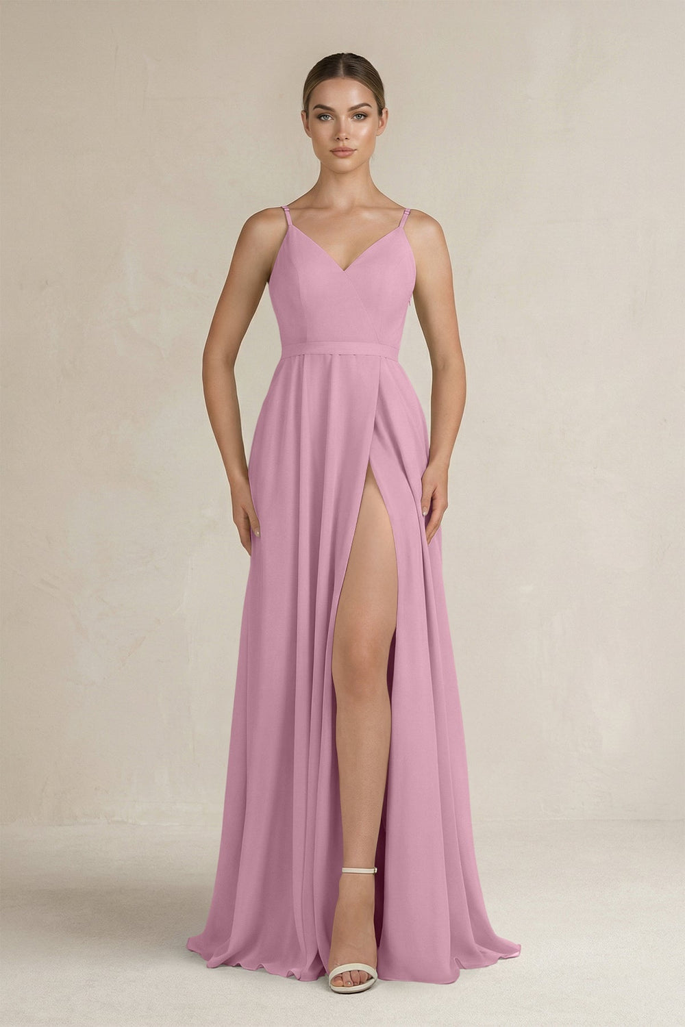 Ruched A - Line Chiffon Bridesmaid Dress with Slit in Vintage Mauve - SHE IS ME Bridesmaid Dresses