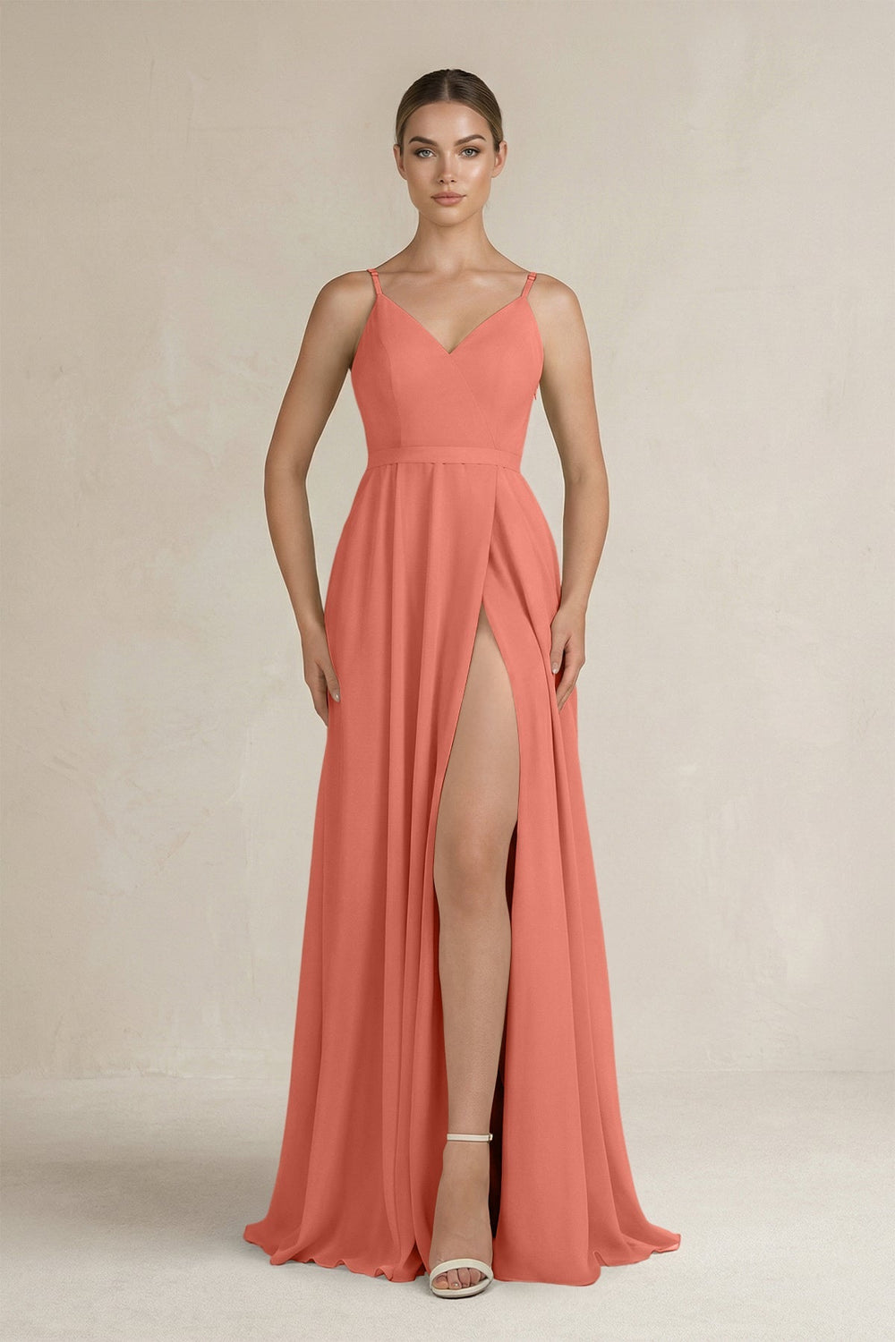 Ruched A - Line Chiffon Bridesmaid Dress with Slit in Wild Rose - SHE IS ME Bridesmaid Dresses