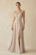 Ruffled Chiffon A - Line Long Bridesmaid Dress in Almond - SHE IS ME