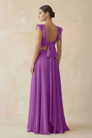 Ruffled Chiffon A - Line Long Bridesmaid Dress in Amethyst - SHE IS ME