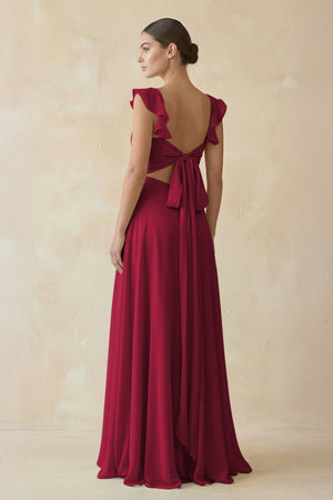 Ruffled Chiffon A - Line Long Bridesmaid Dress in Berry - SHE IS ME