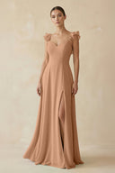 Ruffled Chiffon A - Line Long Bridesmaid Dress in Bronzer - SHE IS ME