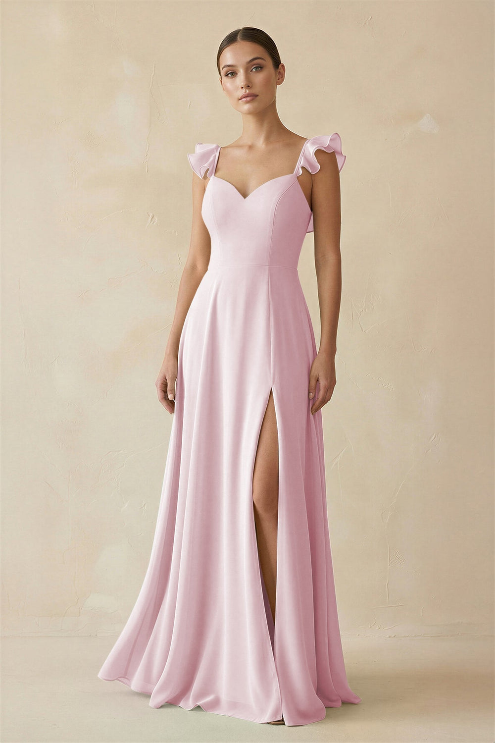 Ruffled Chiffon A - Line Long Bridesmaid Dress in Candy Pink - SHE IS ME