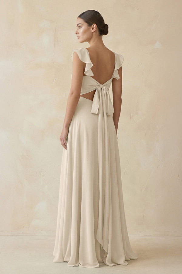 Ruffled Chiffon A - Line Long Bridesmaid Dress in Champagne - SHE IS ME
