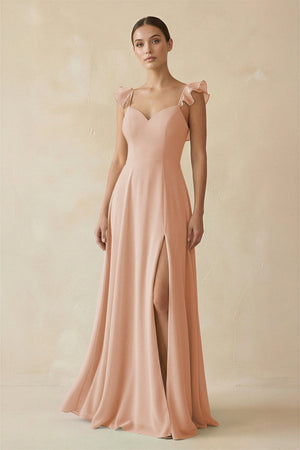 Ruffled Chiffon A - Line Long Bridesmaid Dress in Champagne Rose - SHE IS ME