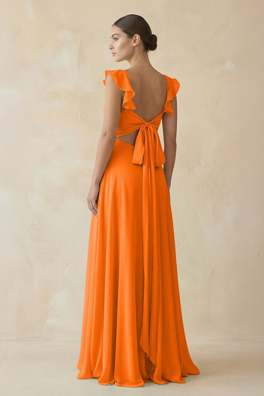 Ruffled Chiffon A - Line Long Bridesmaid Dress in Cinnamon - SHE IS ME
