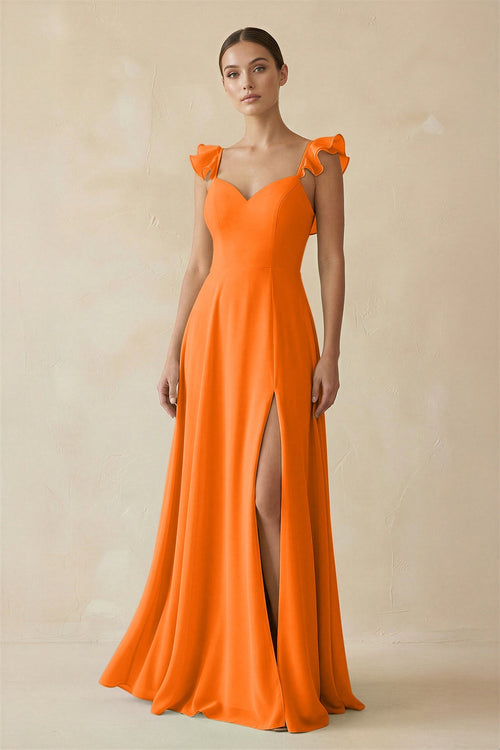 Ruffled Chiffon A - Line Long Bridesmaid Dress in Cinnamon - SHE IS ME