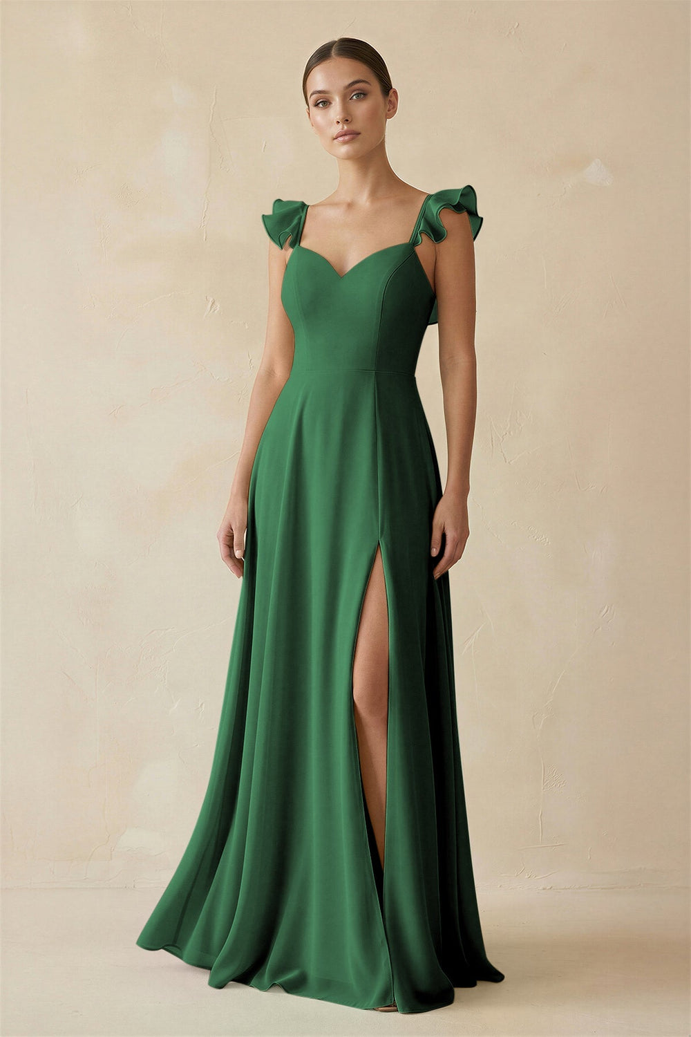 Ruffled Chiffon A - Line Long Bridesmaid Dress in Dark Green - SHE IS ME