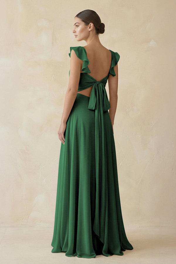 Ruffled Chiffon A - Line Long Bridesmaid Dress in Dark Green - SHE IS ME