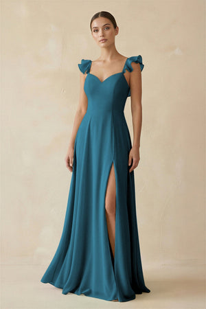 Ruffled Chiffon A - Line Long Bridesmaid Dress in Dark Teal - SHE IS ME