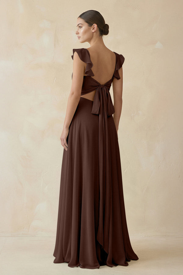 Ruffled Chiffon A - Line Long Bridesmaid Dress in Espresso - SHE IS ME