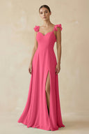 Ruffled Chiffon A - Line Long Bridesmaid Dress in Fuchsia - SHE IS ME