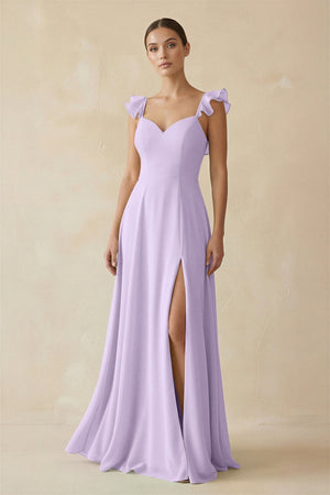 Ruffled Chiffon A - Line Long Bridesmaid Dress in Lavender - SHE IS ME