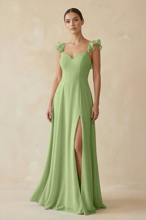 Ruffled Chiffon A - Line Long Bridesmaid Dress in Matcha - SHE IS ME