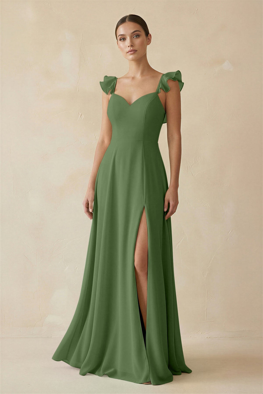 Ruffled Chiffon A - Line Long Bridesmaid Dress in Moss - SHE IS ME