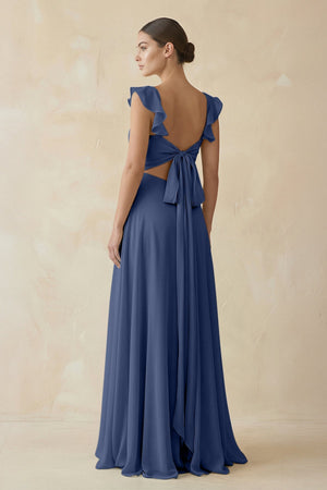 Ruffled Chiffon A - Line Long Bridesmaid Dress in Navy - SHE IS ME
