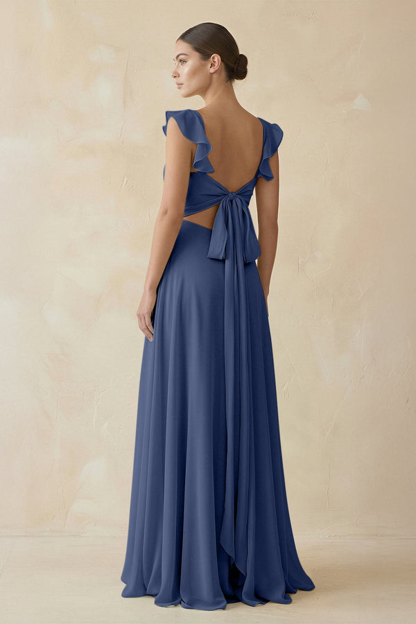Ruffled Chiffon A - Line Long Bridesmaid Dress in Navy - SHE IS ME