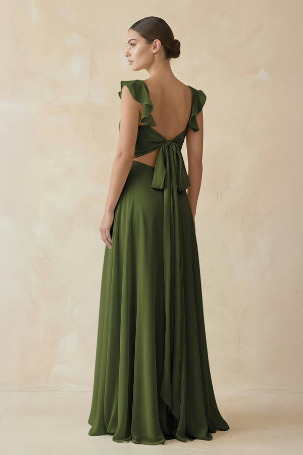Ruffled Chiffon A - Line Long Bridesmaid Dress in Olive - SHE IS ME