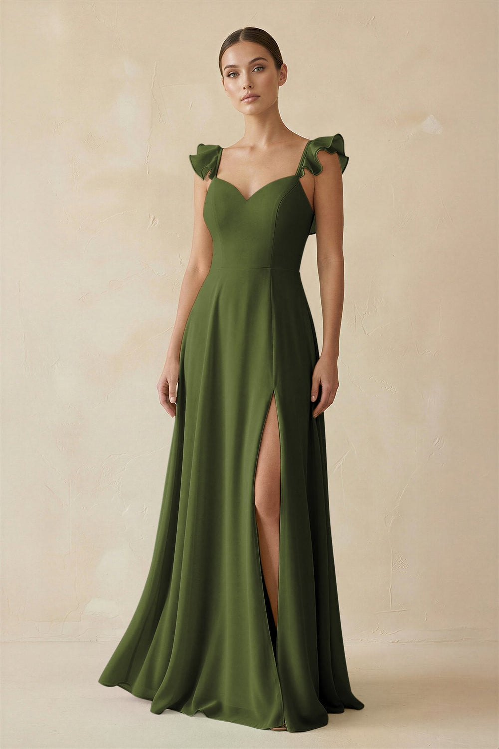 Ruffled Chiffon A - Line Long Bridesmaid Dress in Olive - SHE IS ME