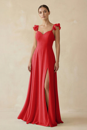Ruffled Chiffon A - Line Long Bridesmaid Dress in Ruby Red - SHE IS ME
