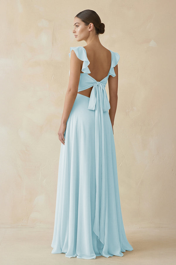 Ruffled Chiffon A - Line Long Bridesmaid Dress in Sky Blue - SHE IS ME