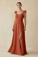 Ruffled Chiffon A - Line Long Bridesmaid Dress in Spice - SHE IS ME