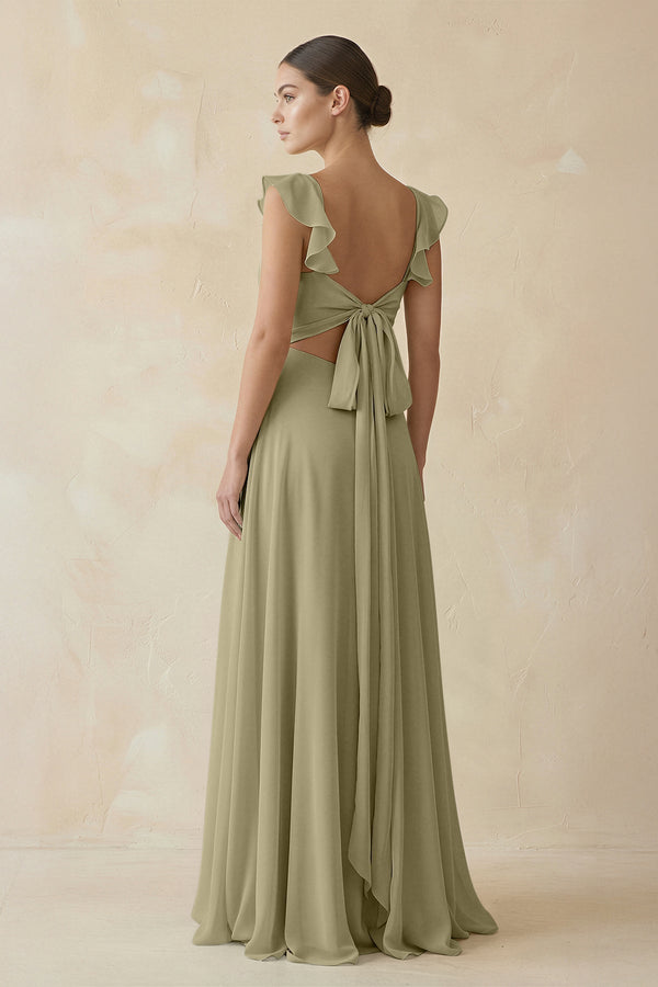 Ruffled Chiffon A - Line Long Bridesmaid Dress in Thyme - SHE IS ME