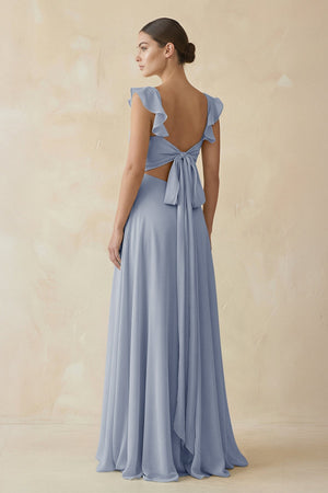 Ruffled Chiffon A - Line Long Bridesmaid Dress in Twilight - SHE IS ME