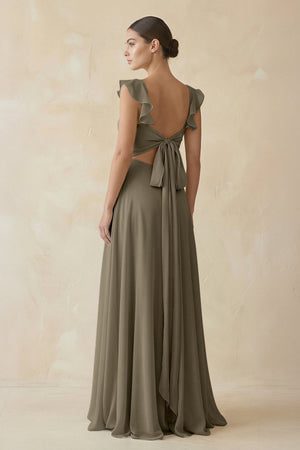 Ruffled Chiffon A - Line Long Bridesmaid Dress in Willow Green - SHE IS ME