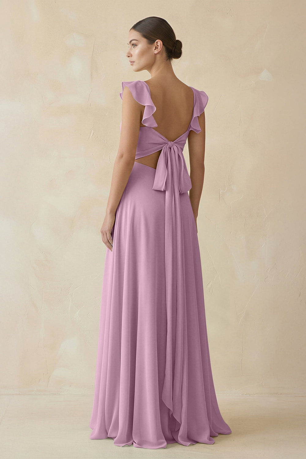 Ruffled Chiffon A - Line Long Bridesmaid Dress in Wisteria - SHE IS ME